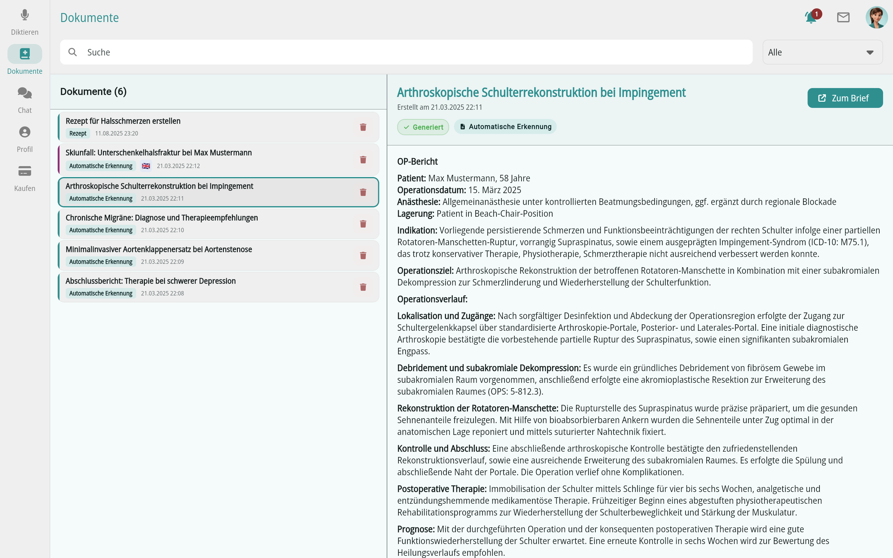 Arztbrief.ai am Desktop: Dokumentenliste und fertiger Brief