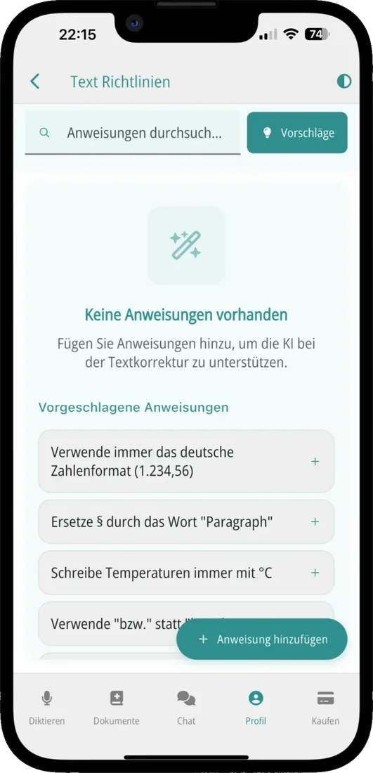 Eigene Textrichtlinien mit Vorschlägen