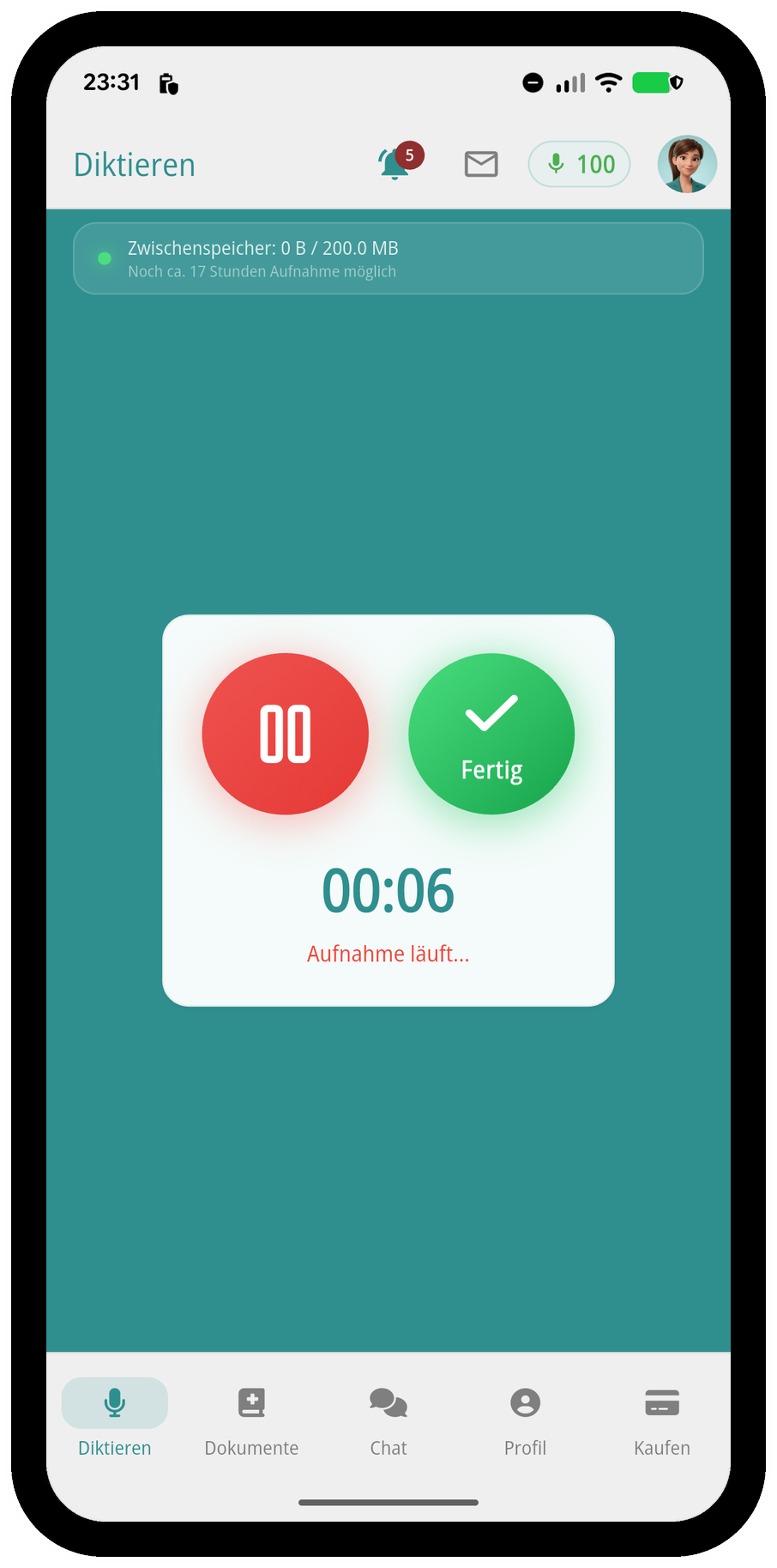 Laufende Aufnahme mit Timer, Pause und Fertig